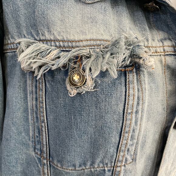 Pink Dolphin Women’s Denim Jacket XL Light Wash Distressed Frayed Hem Streetwear - Picture 6 of 15